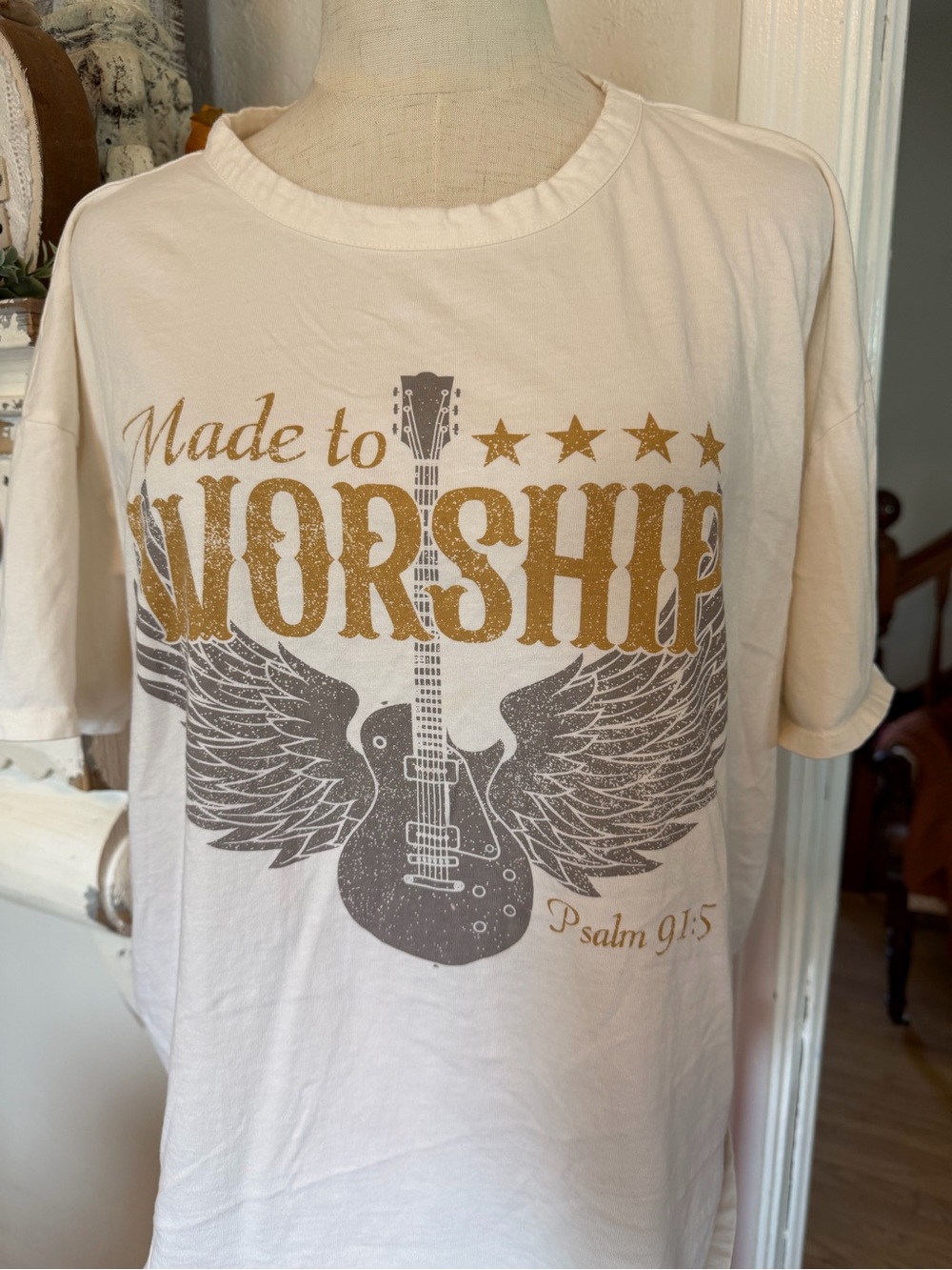 Made to Worship Cream Graphic Tee with Gold and Gray Print